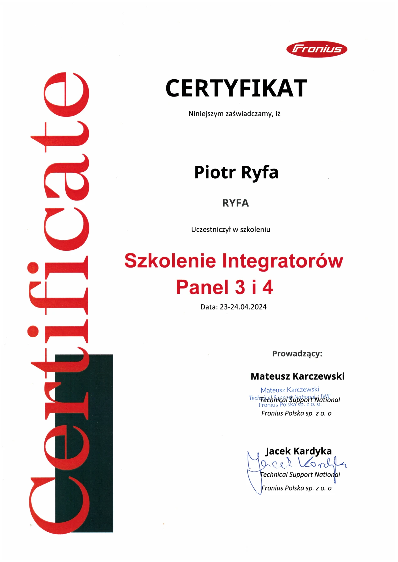Skan dokumentu: Fronius / szkolenie integratorów